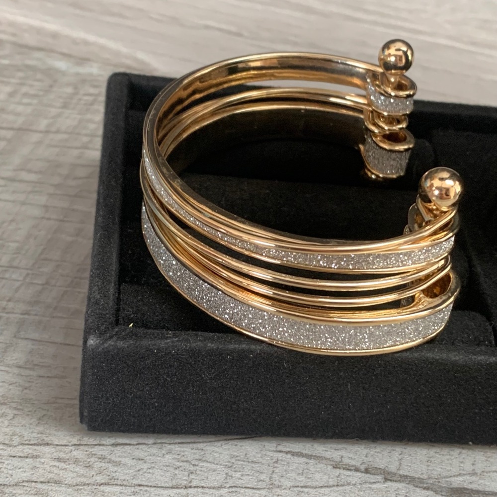 Gold Tone Multi Strand Glitter Cuff Bracelet Two Tone Layered Bangle Sparkle